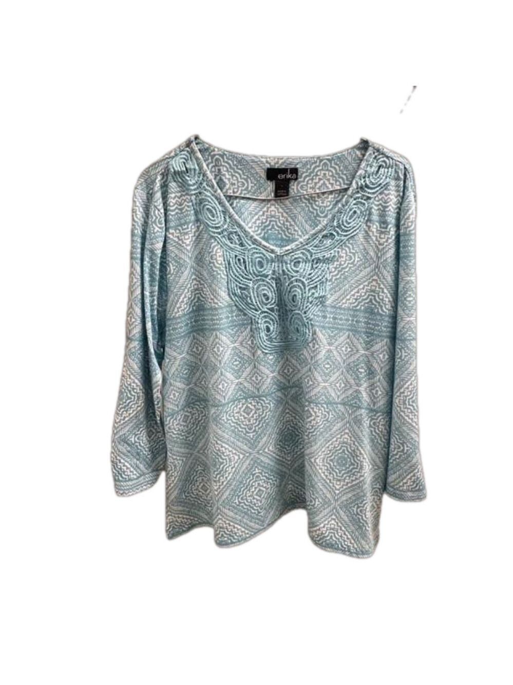 Erika Blue Floral Blouse Sz L Pilar Lace Trim V Neck Women 3/4 Length Sleeves